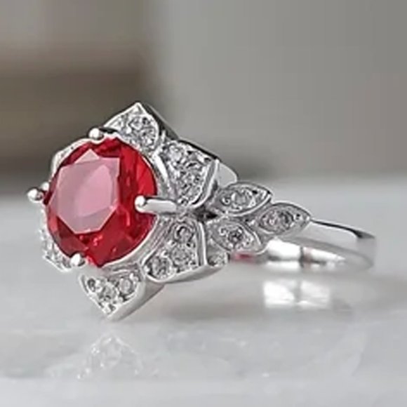 Red Ruby Gemstone Flower Ring, 925 Sterling Silver Charmed Aroma Valentines - Picture 3 of 7